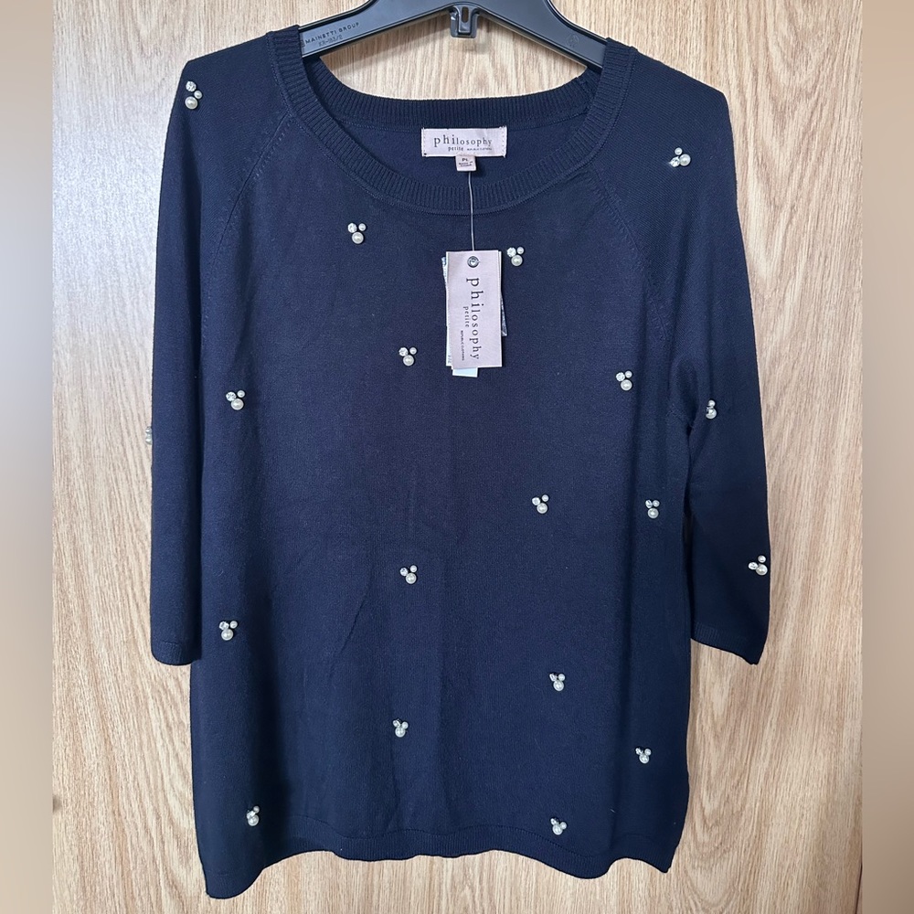 New Philosophy Black Bead Studded Dressy Sweater Blouse Women’s PL